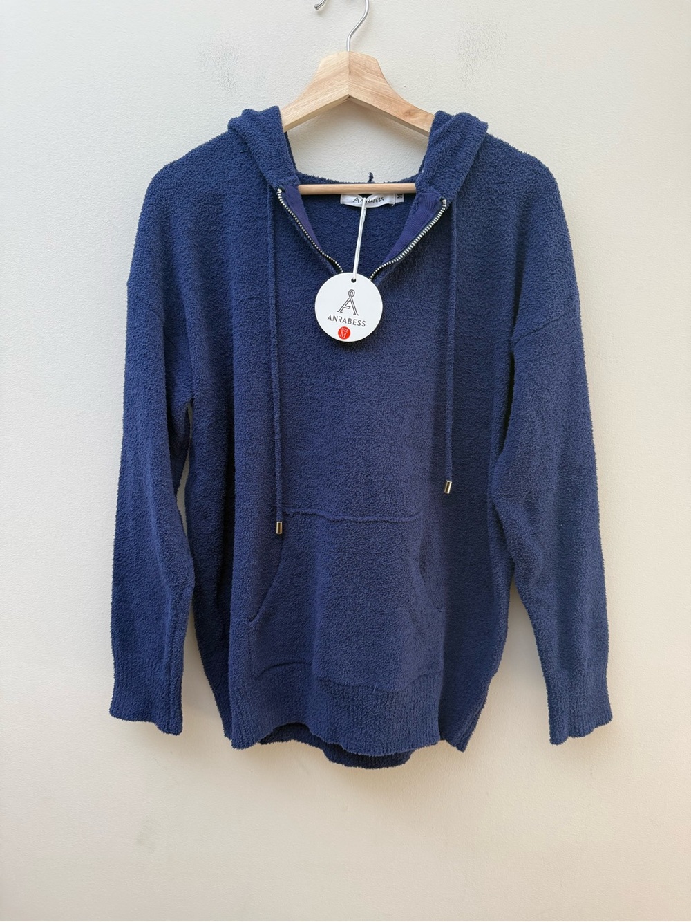 Anrabess NWT Navy Fuzzy Hooded Pullover
